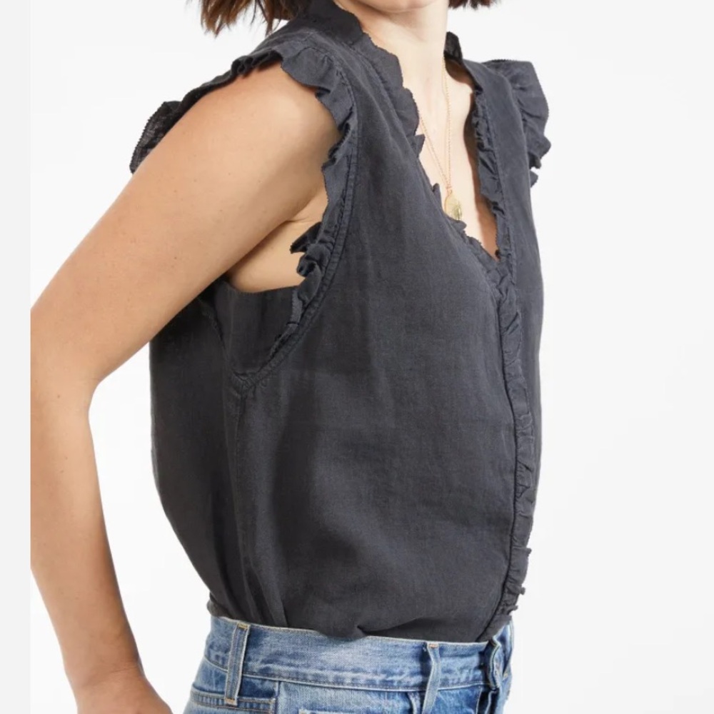 NWT OUTERKNOWN Lennox Top in Black Sz S 100% Linen Ruffle Detail Sleeveless